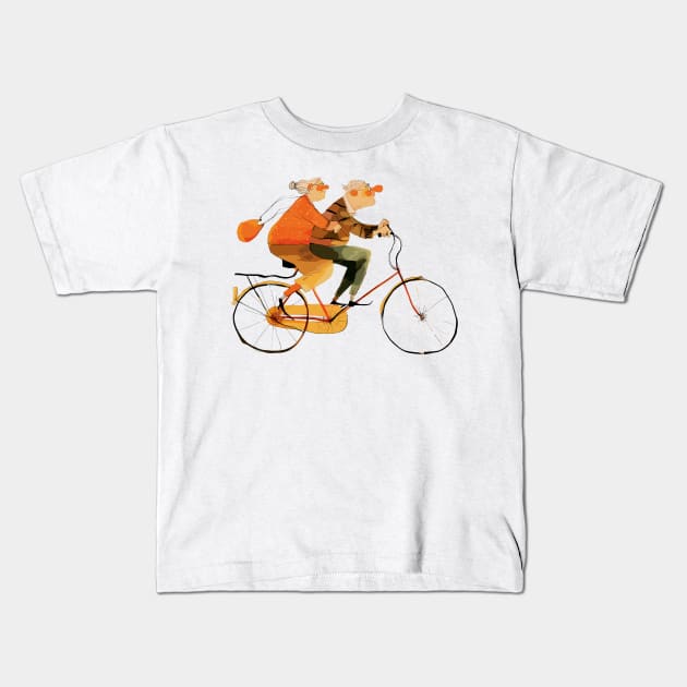 Old Couple Bicycling Kids T-Shirt by erzebeth